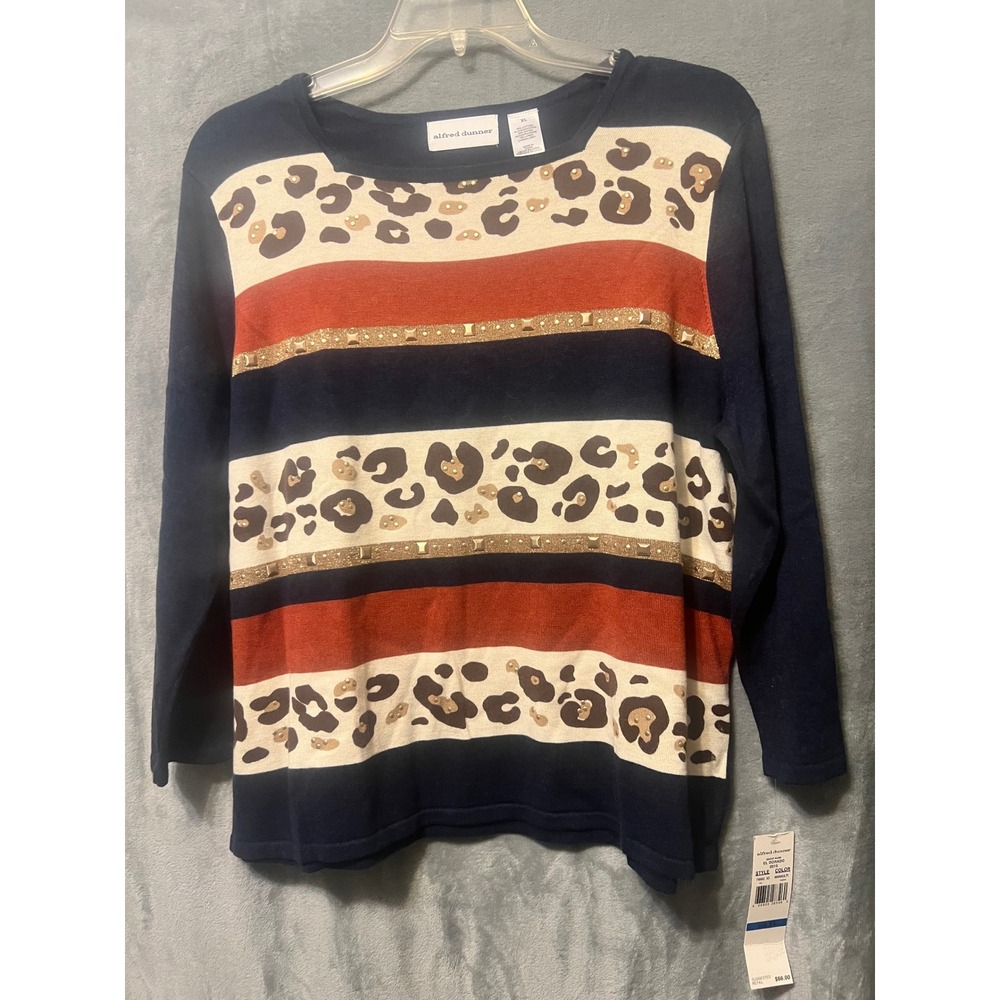 Alfred Dunner XL Leopard Stripe Embellished Knit Sweater Top 3/4 Sleeve NWT